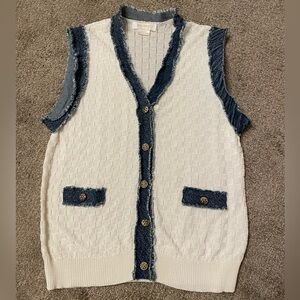 Cocobleu Checkerboard White and Blue Sleeveless Cardigan with Button Accents XL